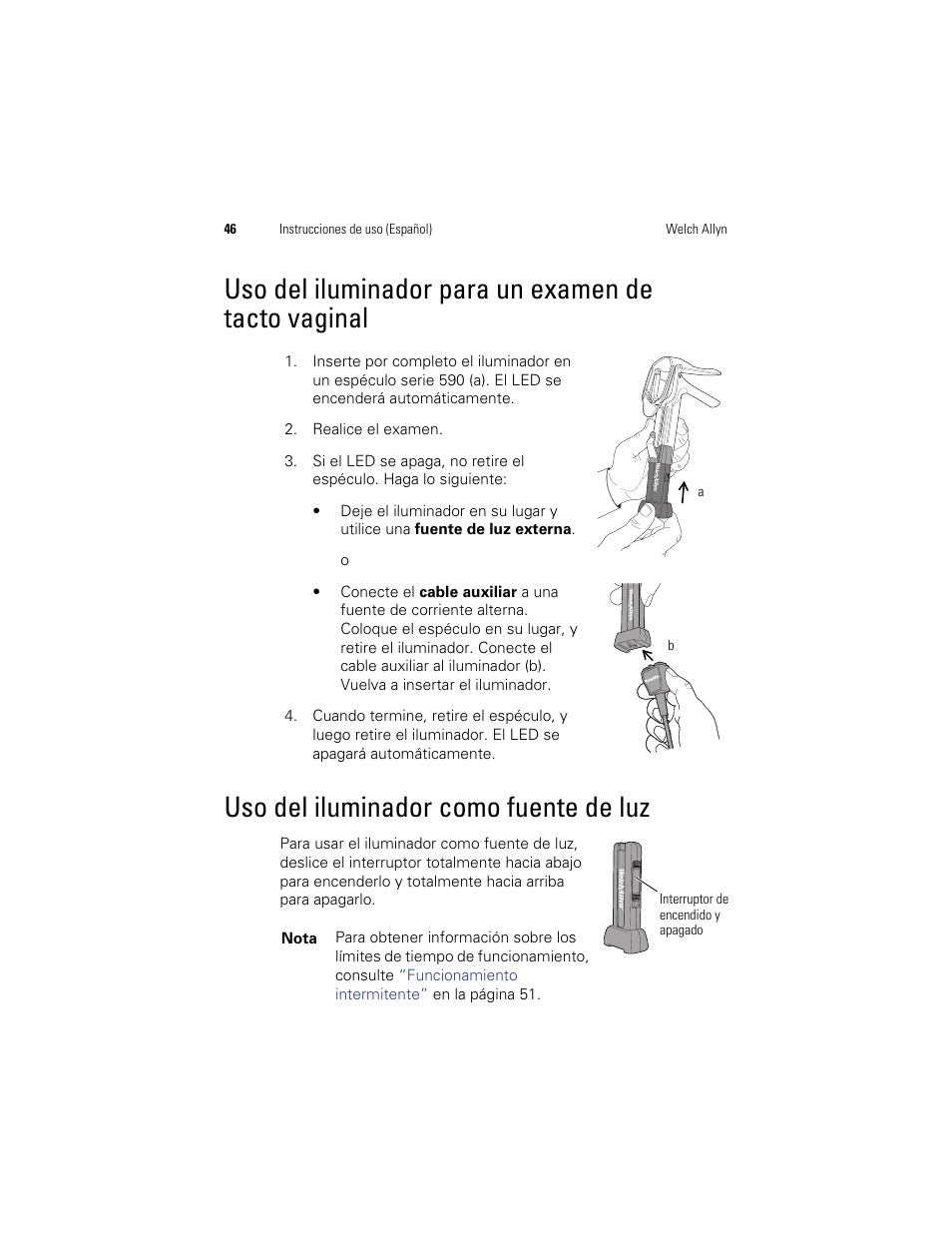 Uso del iluminador para un examen de tacto vaginal, Uso del iluminador como fuente de luz | Welch Allyn KleenSpec 790 Series Cordless Illumination System - User Manual User Manual | Page 48 / 222