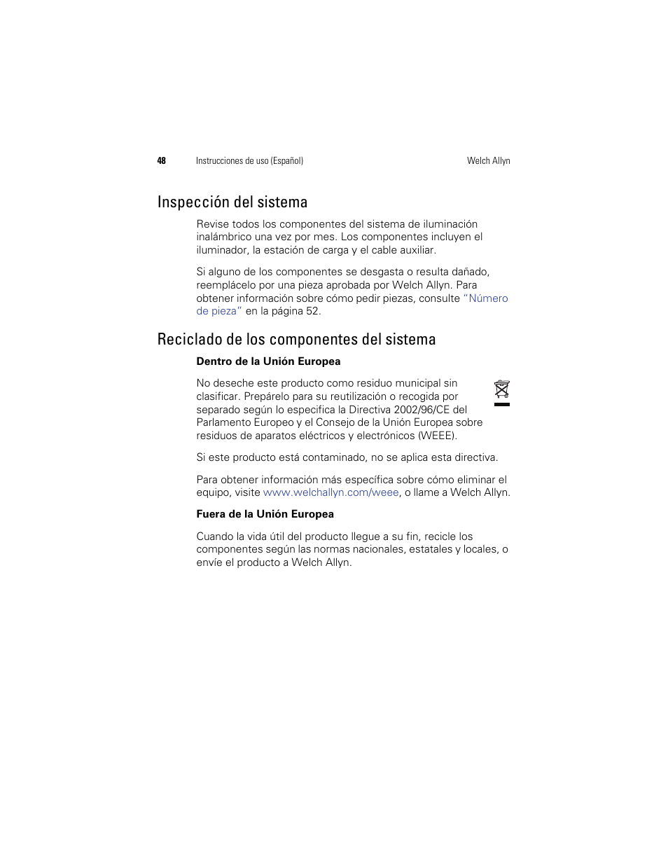 Inspección del sistema, Reciclado de los componentes del sistema | Welch Allyn KleenSpec 790 Series Cordless Illumination System - User Manual User Manual | Page 50 / 222