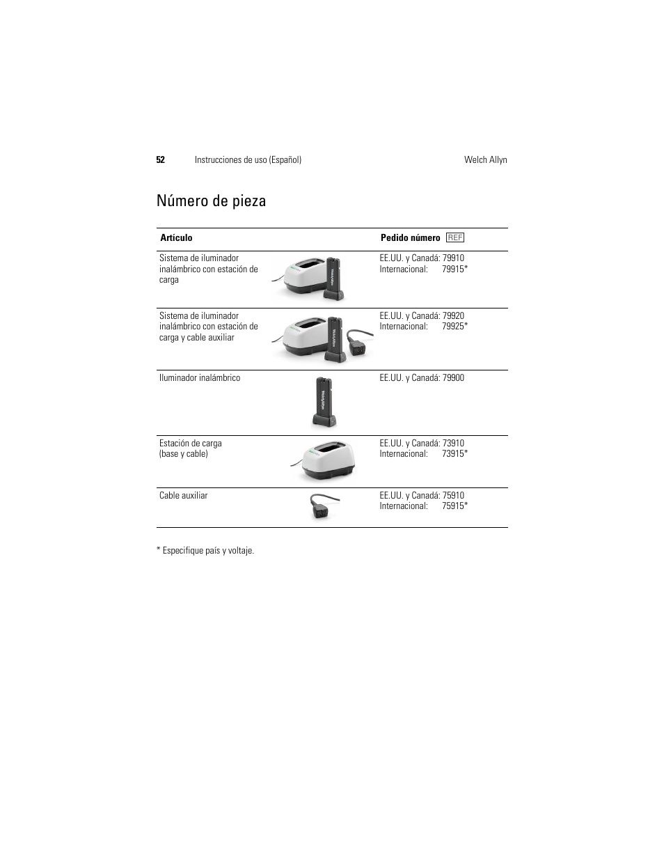 Número de pieza | Welch Allyn KleenSpec 790 Series Cordless Illumination System - User Manual User Manual | Page 54 / 222