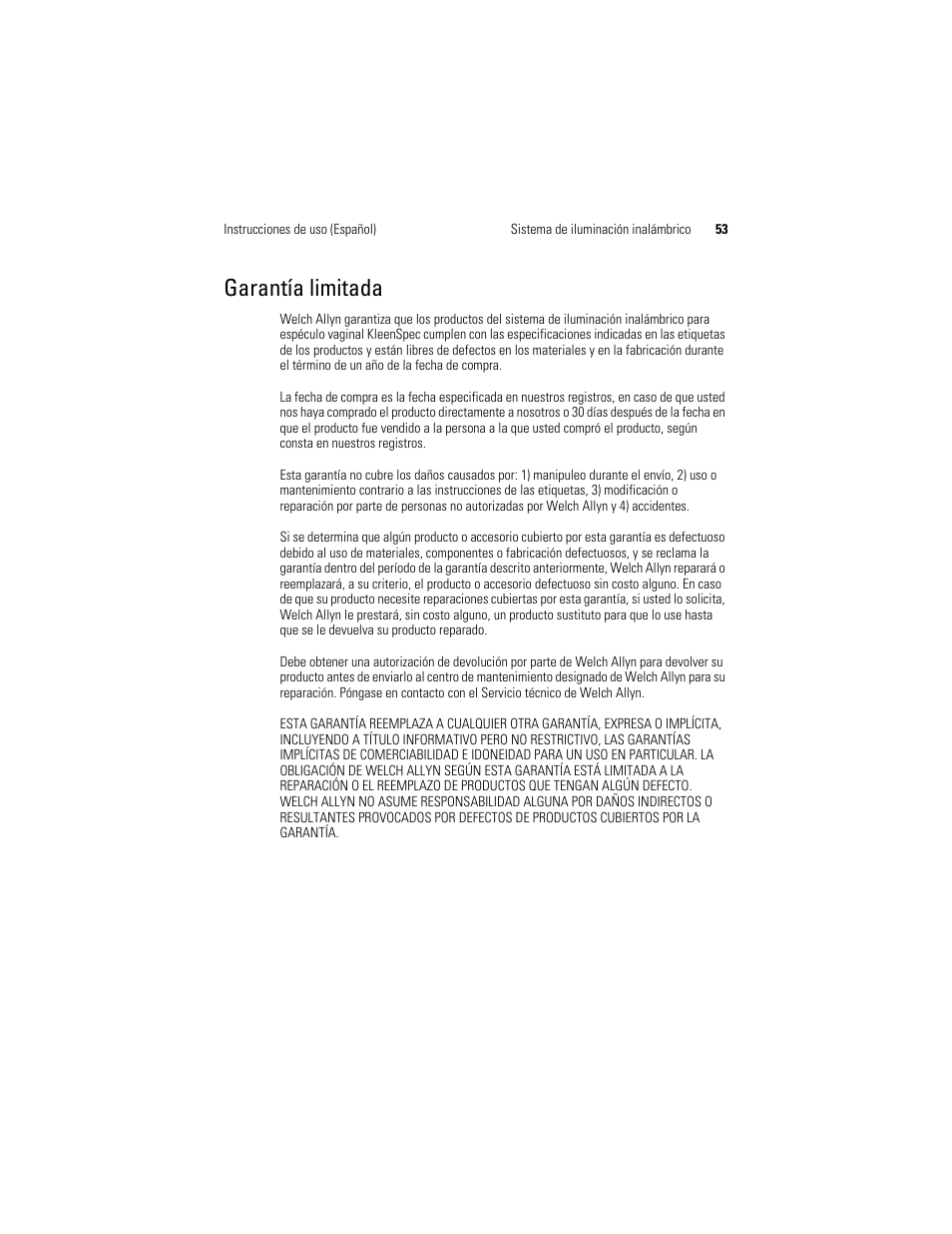 Garantía limitada | Welch Allyn KleenSpec 790 Series Cordless Illumination System - User Manual User Manual | Page 55 / 222