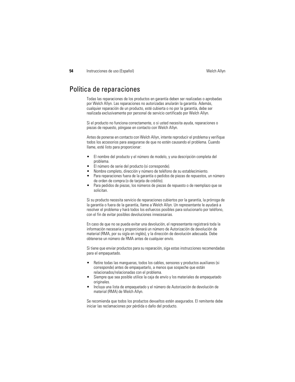 Política de reparaciones | Welch Allyn KleenSpec 790 Series Cordless Illumination System - User Manual User Manual | Page 56 / 222