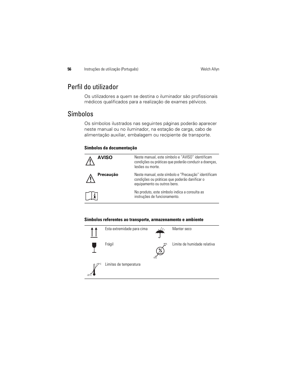 Perfil do utilizador, Símbolos | Welch Allyn KleenSpec 790 Series Cordless Illumination System - User Manual User Manual | Page 58 / 222