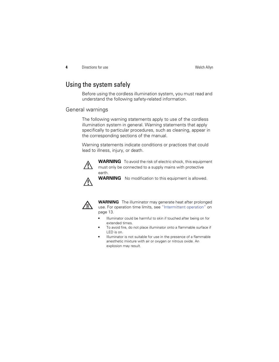 Using the system safely, General warnings | Welch Allyn KleenSpec 790 Series Cordless Illumination System - User Manual User Manual | Page 6 / 222