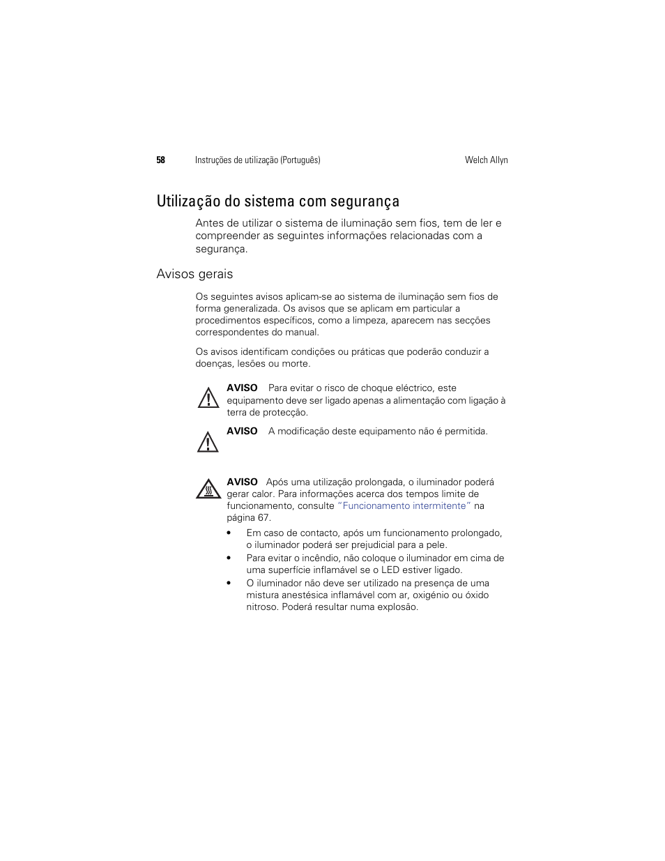 Utilização do sistema com segurança | Welch Allyn KleenSpec 790 Series Cordless Illumination System - User Manual User Manual | Page 60 / 222