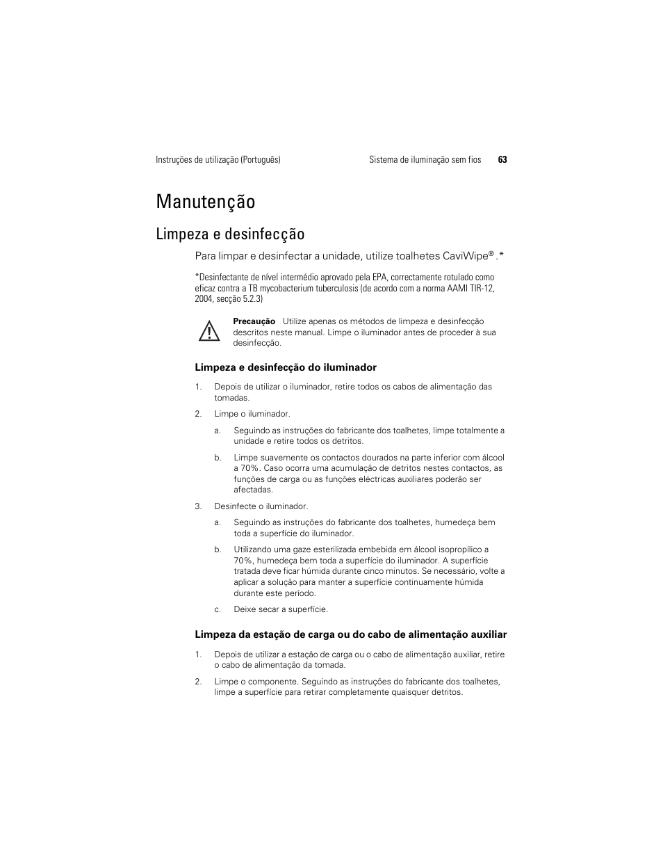 Limpeza e desinfecção, Manutenção | Welch Allyn KleenSpec 790 Series Cordless Illumination System - User Manual User Manual | Page 65 / 222