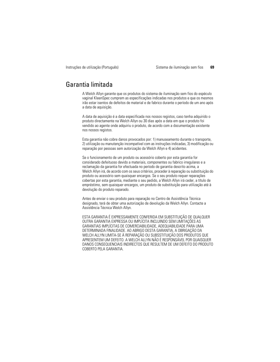 Garantia limitada | Welch Allyn KleenSpec 790 Series Cordless Illumination System - User Manual User Manual | Page 71 / 222