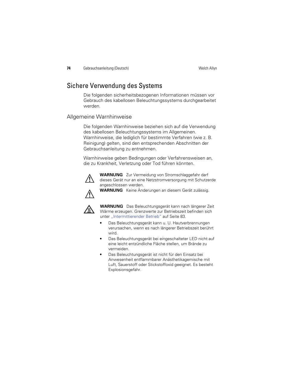 Sichere verwendung des systems | Welch Allyn KleenSpec 790 Series Cordless Illumination System - User Manual User Manual | Page 76 / 222