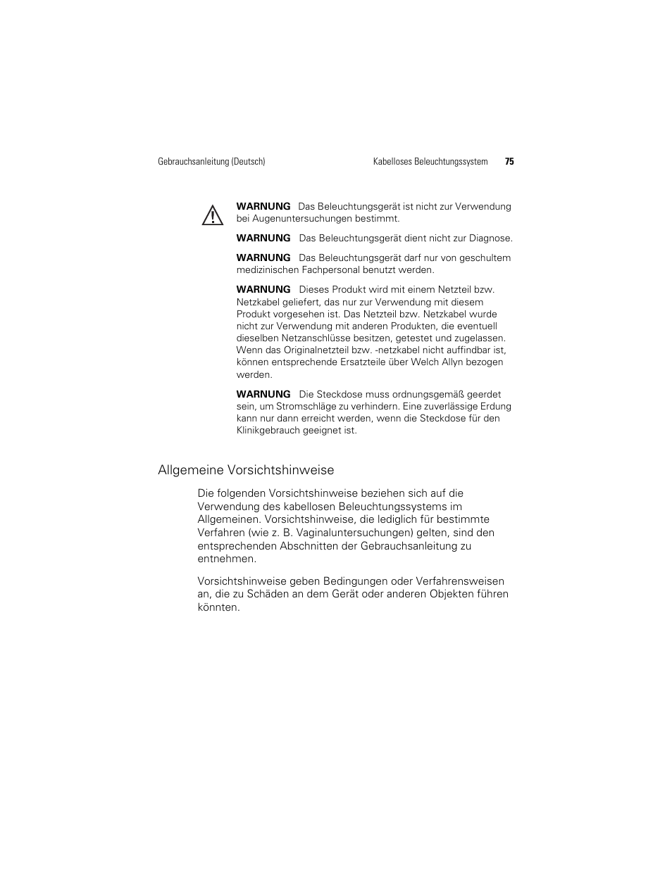 Allgemeine vorsichtshinweise | Welch Allyn KleenSpec 790 Series Cordless Illumination System - User Manual User Manual | Page 77 / 222