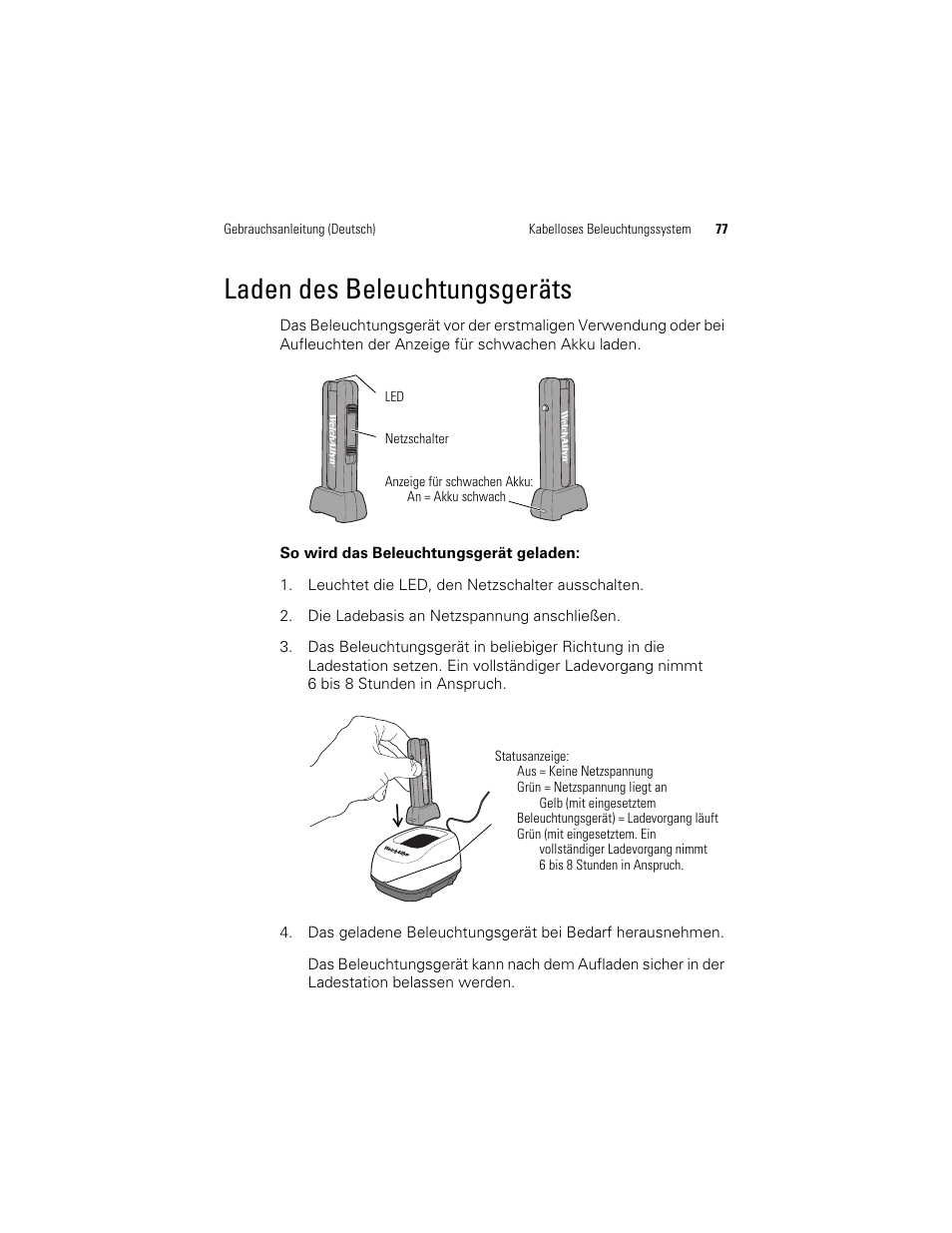 Laden des beleuchtungsgeräts | Welch Allyn KleenSpec 790 Series Cordless Illumination System - User Manual User Manual | Page 79 / 222