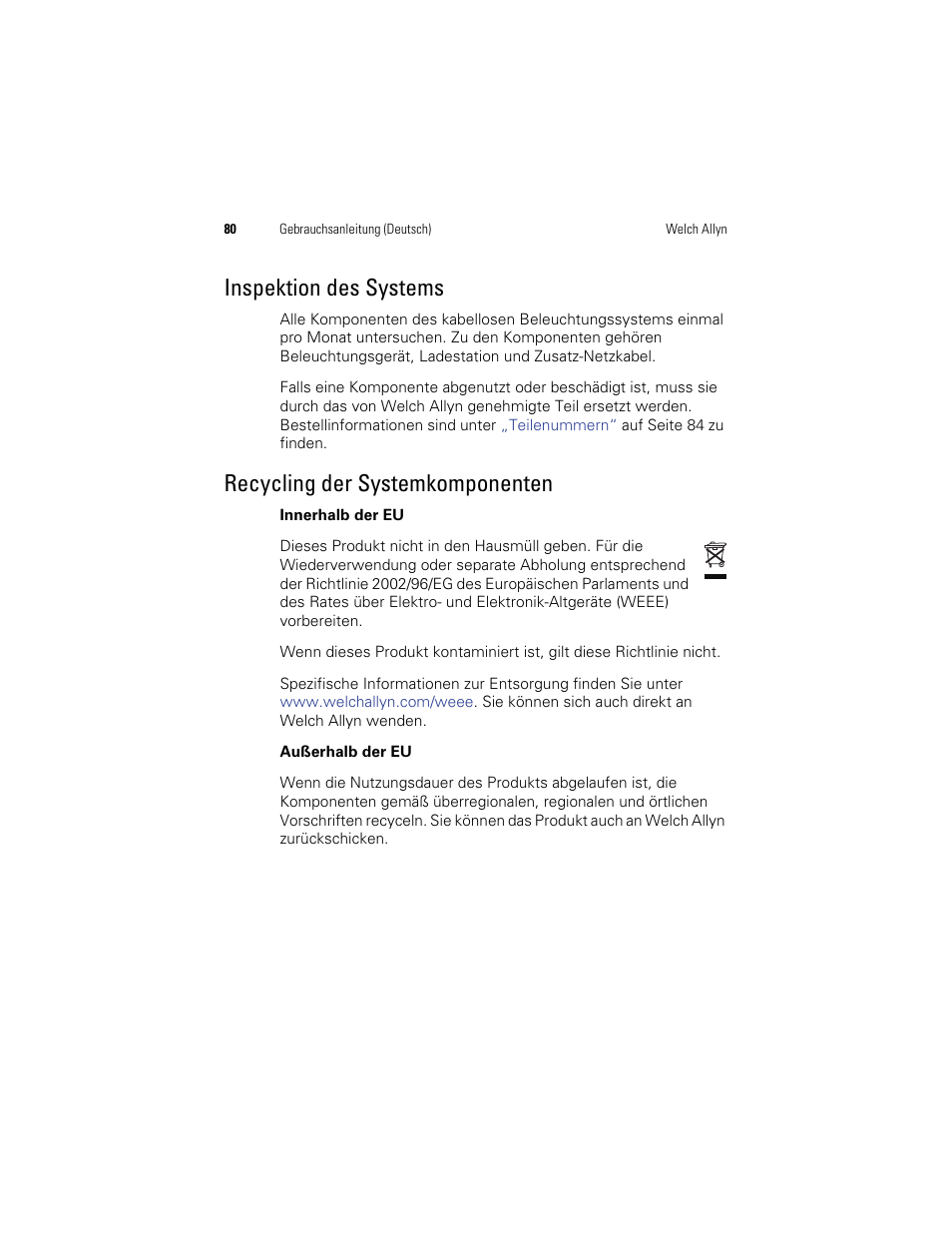 Inspektion des systems, Recycling der systemkomponenten | Welch Allyn KleenSpec 790 Series Cordless Illumination System - User Manual User Manual | Page 82 / 222