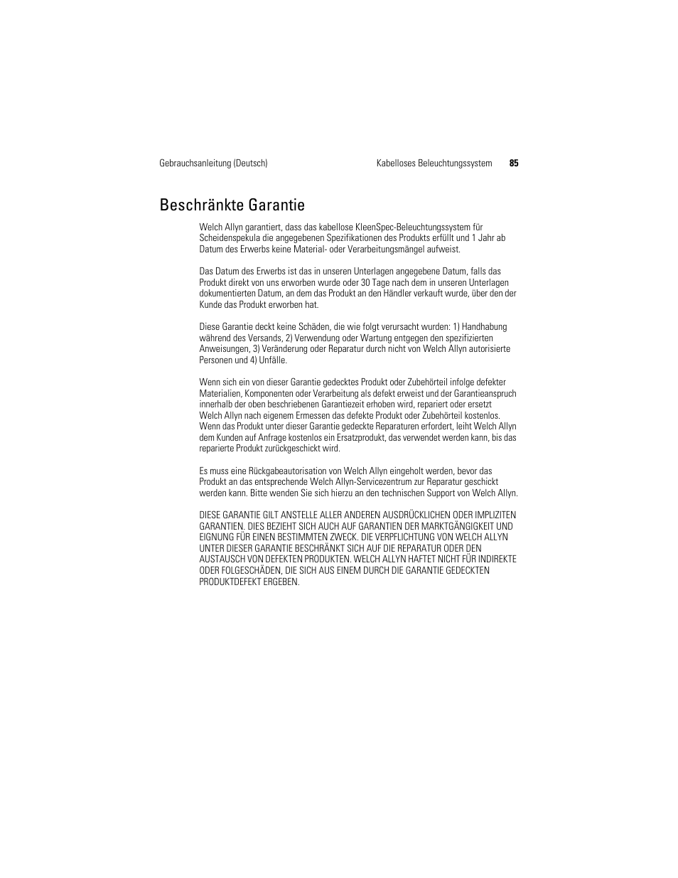 Beschränkte garantie | Welch Allyn KleenSpec 790 Series Cordless Illumination System - User Manual User Manual | Page 87 / 222
