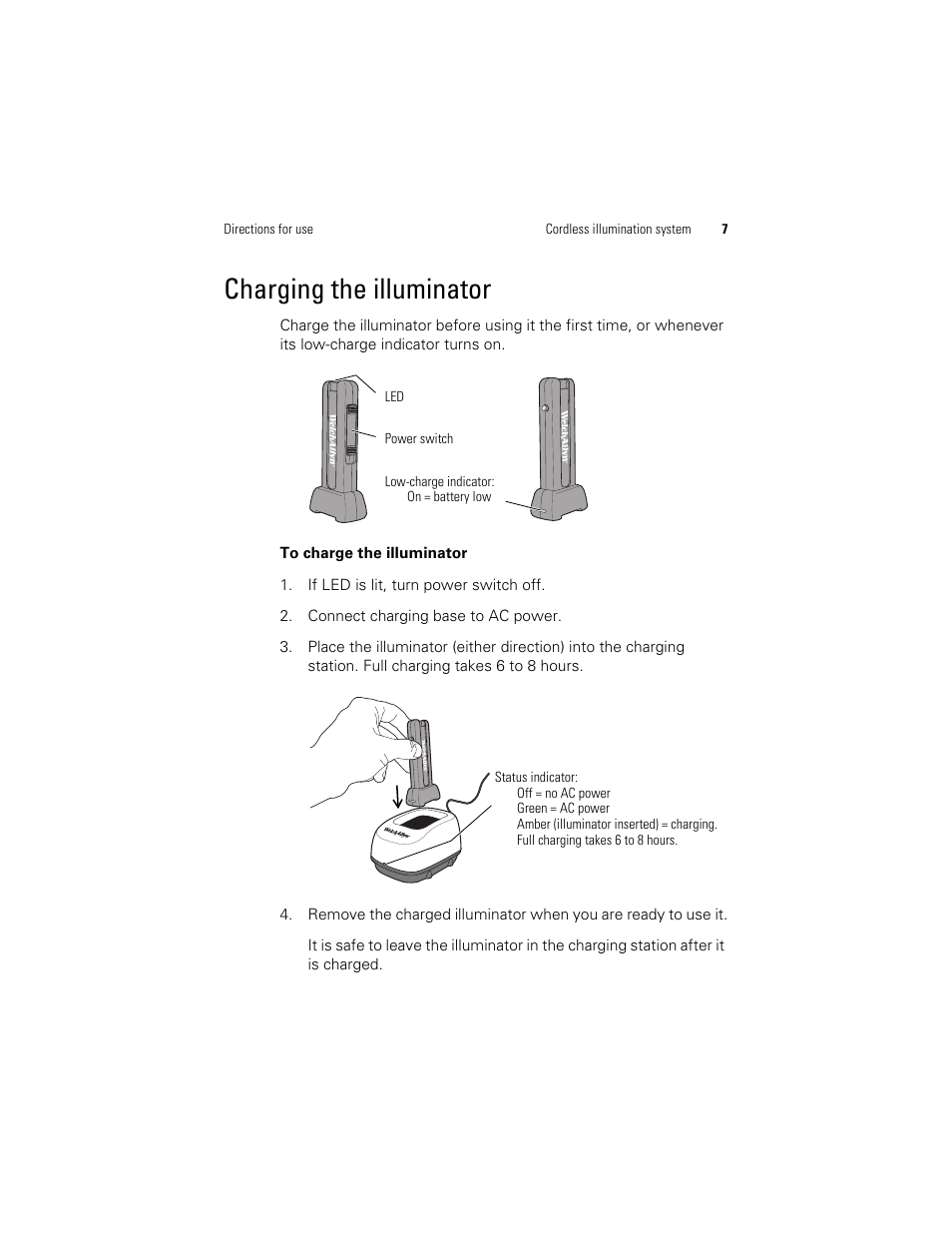 Charging the illuminator | Welch Allyn KleenSpec 790 Series Cordless Illumination System - User Manual User Manual | Page 9 / 222