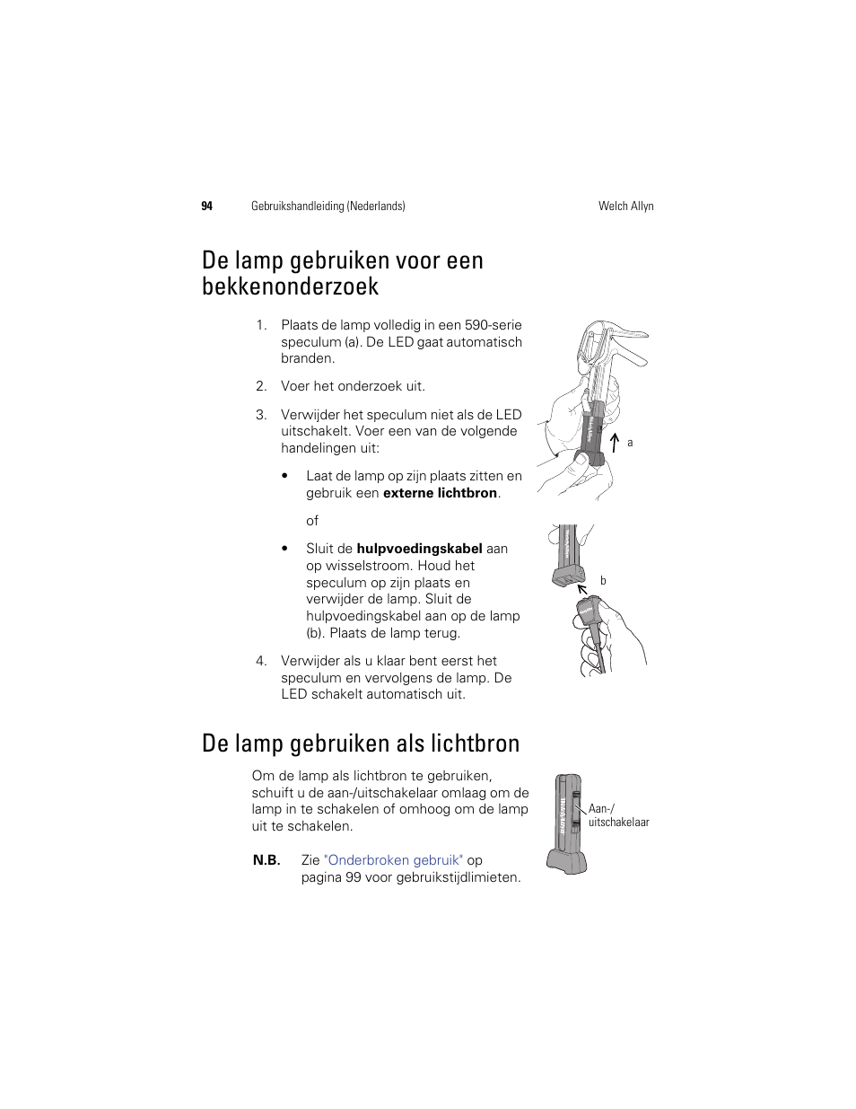 De lamp gebruiken voor een bekkenonderzoek, De lamp gebruiken als lichtbron | Welch Allyn KleenSpec 790 Series Cordless Illumination System - User Manual User Manual | Page 96 / 222