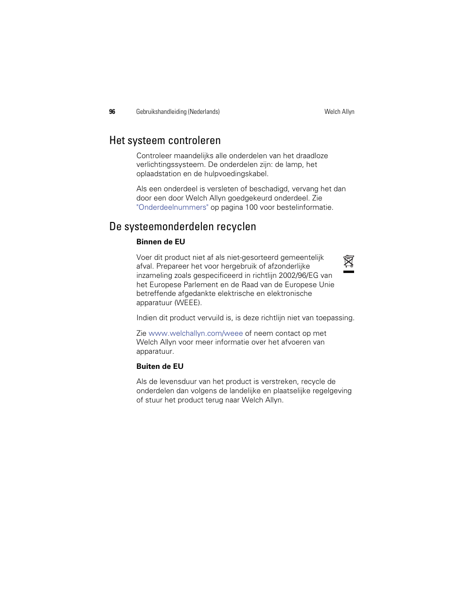 Het systeem controleren, De systeemonderdelen recyclen | Welch Allyn KleenSpec 790 Series Cordless Illumination System - User Manual User Manual | Page 98 / 222