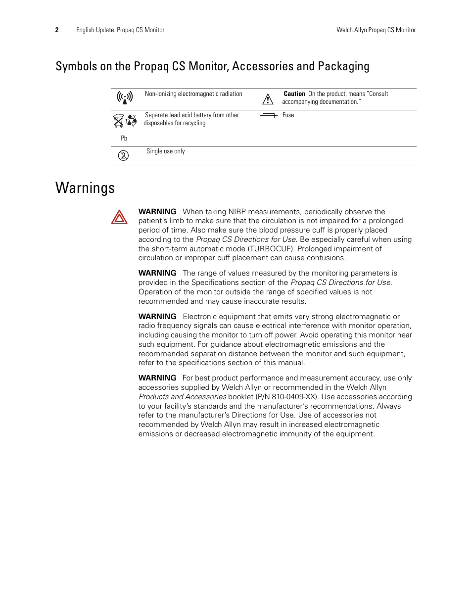 Warnings | Welch Allyn Propaq CS Monitor - User Manual User Manual | Page 10 / 152