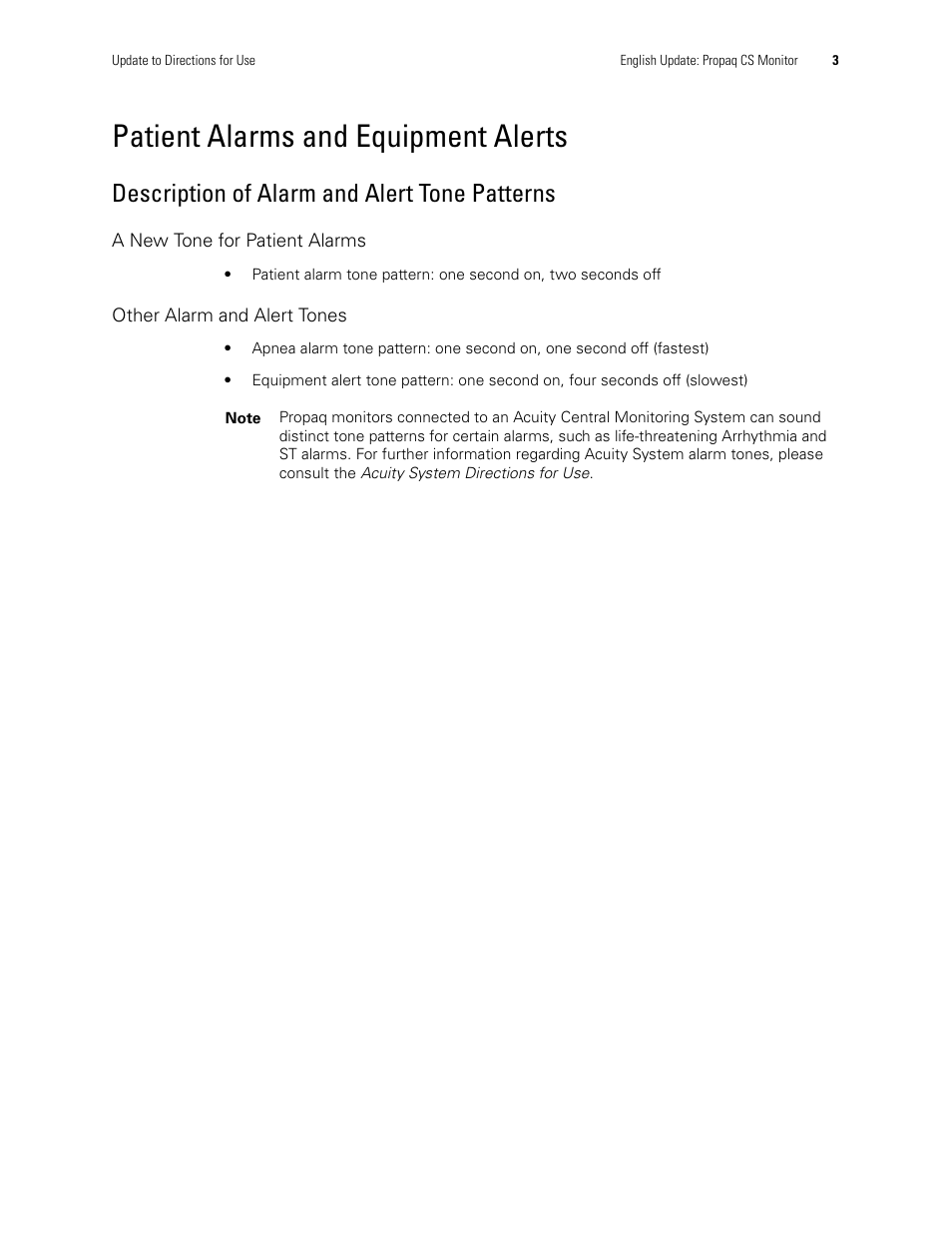 Patient alarms and equipment alerts, Description of alarm and alert tone patterns, A new tone for patient alarms | Other alarm and alert tones | Welch Allyn Propaq CS Monitor - User Manual User Manual | Page 11 / 152