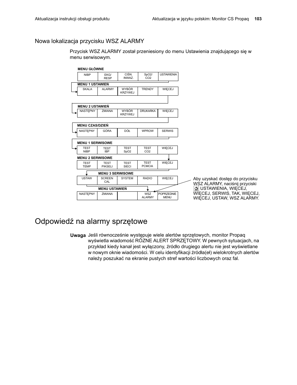 Nowa lokalizacja przycisku wsz alarmy, Odpowiedÿ na alarmy sprzêtowe, Odpowiedź na alarmy sprzętowe | Welch Allyn Propaq CS Monitor - User Manual User Manual | Page 111 / 152