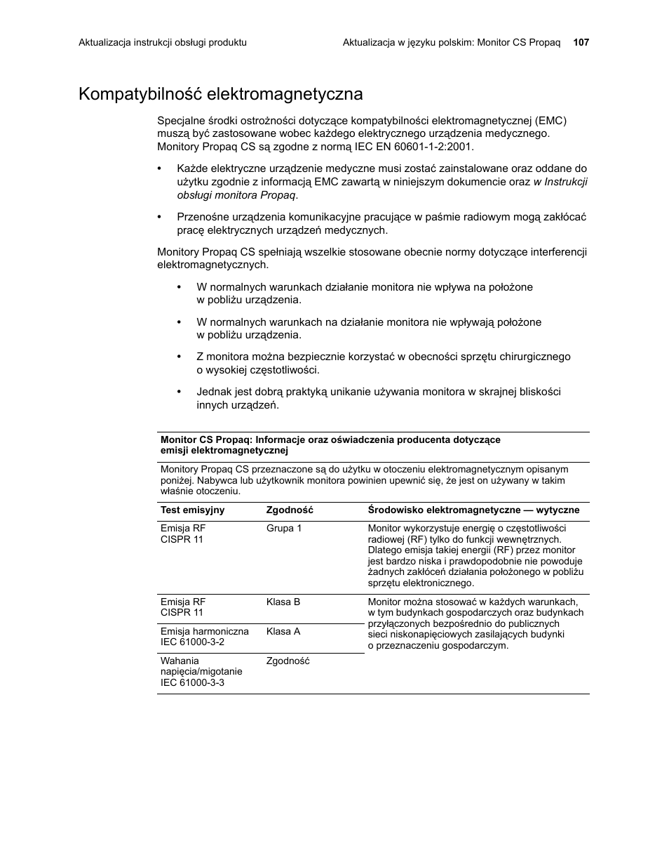 Kompatybilnoœæ elektromagnetyczna, Kompatybilność elektromagnetyczna | Welch Allyn Propaq CS Monitor - User Manual User Manual | Page 115 / 152