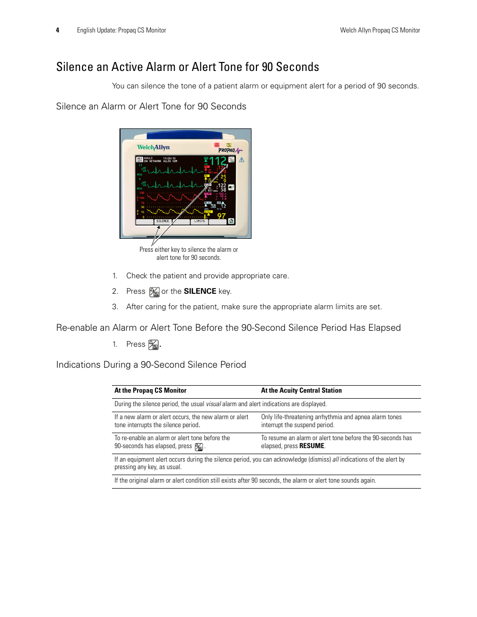 Silence an alarm or alert tone for 90 seconds, Indications during a 90-second silence period | Welch Allyn Propaq CS Monitor - User Manual User Manual | Page 12 / 152