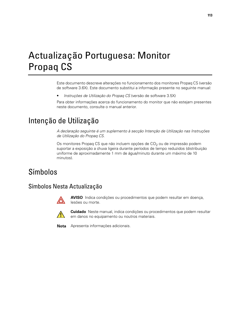 Actualização portuguesa: monitor propaq cs, Intenção de utilização, Símbolos | Símbolos nesta actualização, Intenção de utilização símbolos | Welch Allyn Propaq CS Monitor - User Manual User Manual | Page 121 / 152