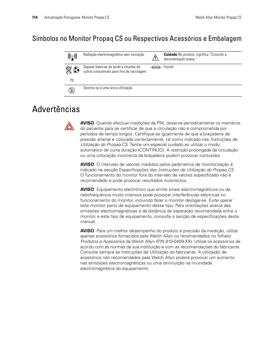 Advertências, Embalagem | Welch Allyn Propaq CS Monitor - User Manual User Manual | Page 122 / 152