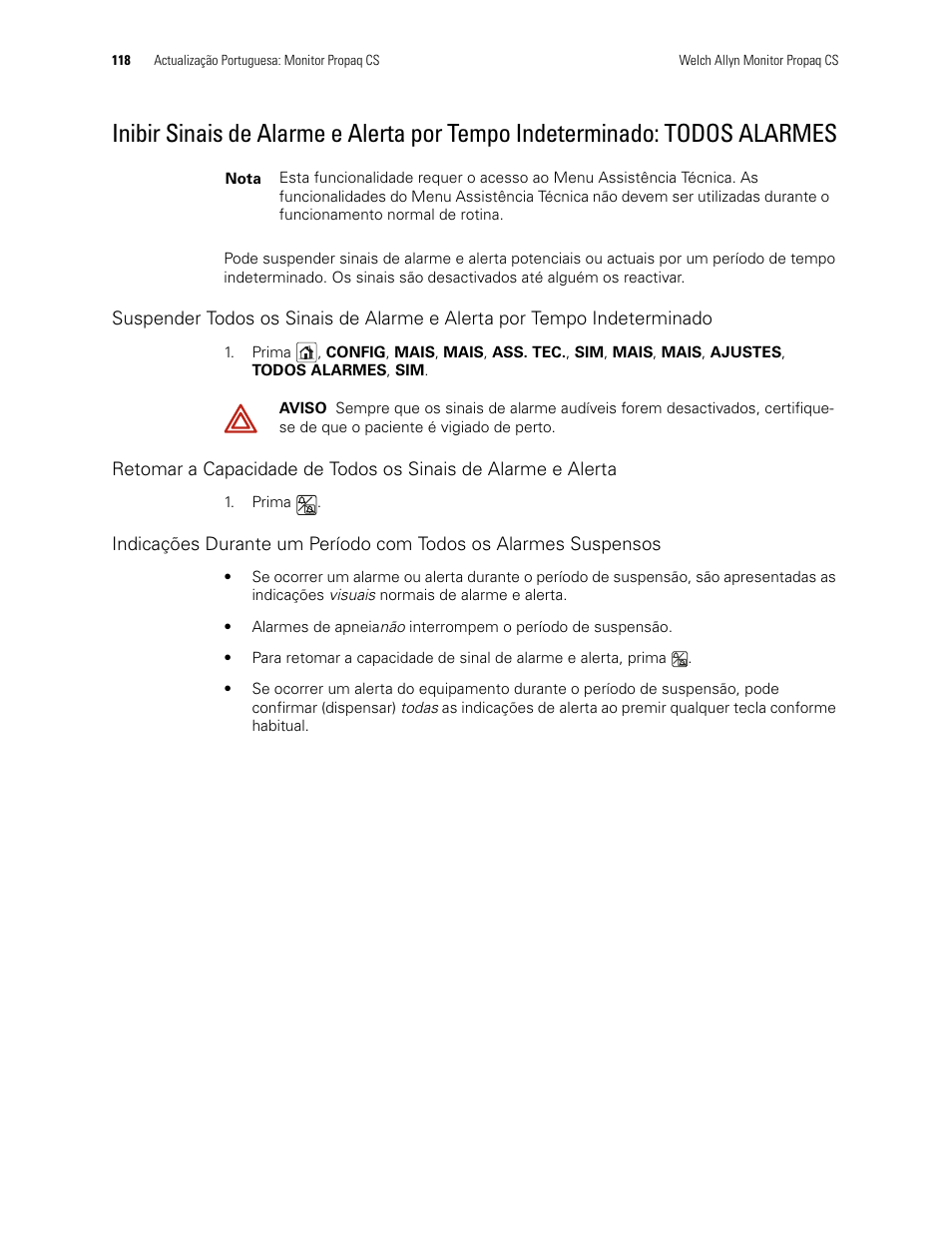 Todos alarmes | Welch Allyn Propaq CS Monitor - User Manual User Manual | Page 126 / 152