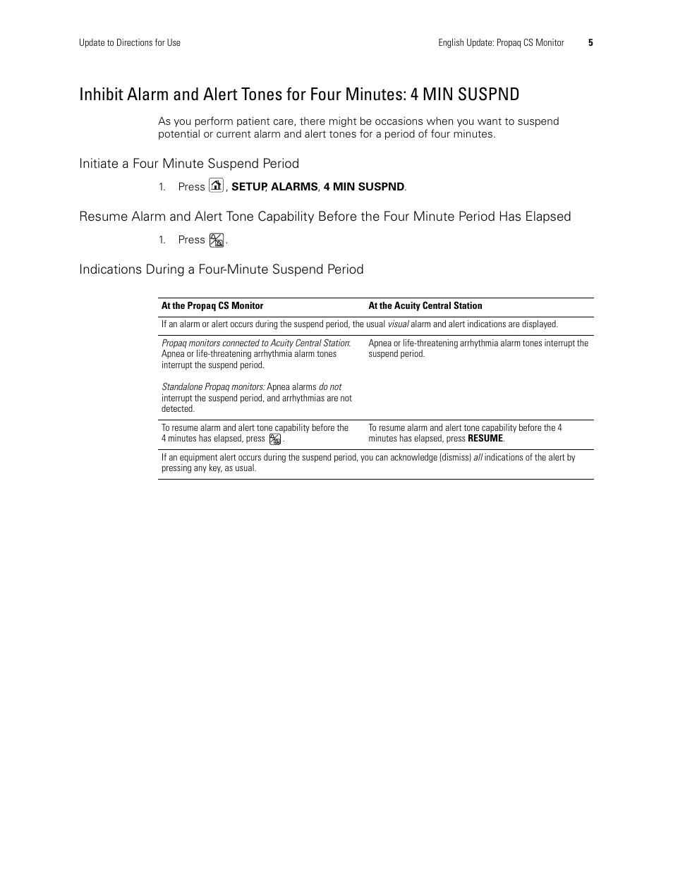 Initiate a four minute suspend period, Indications during a four-minute suspend period | Welch Allyn Propaq CS Monitor - User Manual User Manual | Page 13 / 152