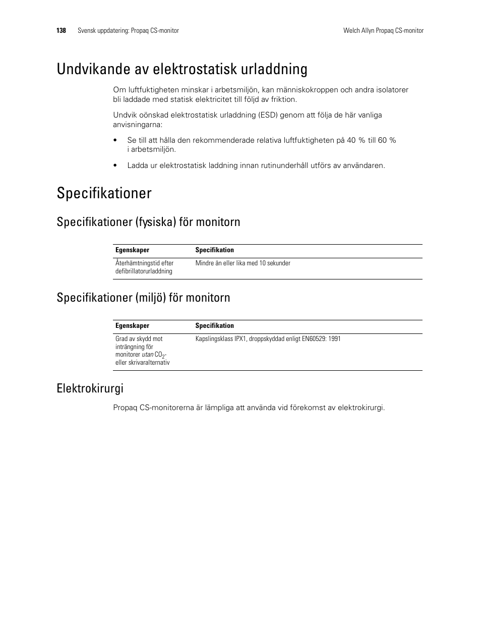 Undvikande av elektrostatisk urladdning, Specifikationer, Specifikationer (fysiska) för monitorn | Specifikationer (miljö) för monitorn, Elektrokirurgi | Welch Allyn Propaq CS Monitor - User Manual User Manual | Page 146 / 152