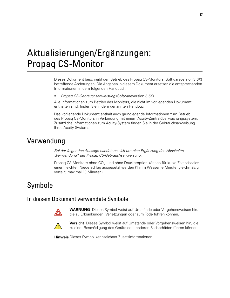 Aktualisierungen/ergänzungen: propaq cs-monitor, Verwendung, Symbole | In diesem dokument verwendete symbole, Verwendung symbole | Welch Allyn Propaq CS Monitor - User Manual User Manual | Page 25 / 152