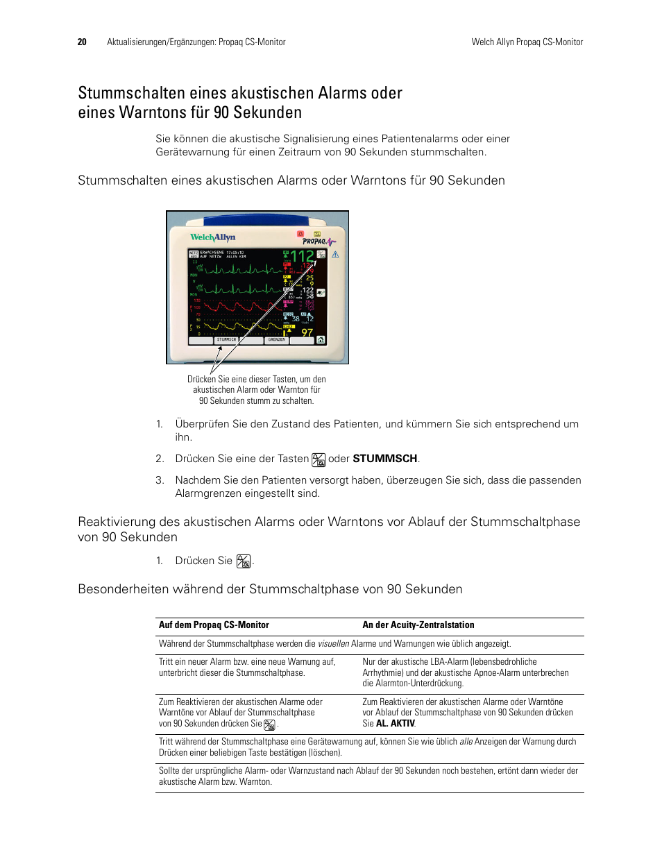 Stummschalten eines akustischen alarms oder, Eines warntons für 90 sekunden | Welch Allyn Propaq CS Monitor - User Manual User Manual | Page 28 / 152