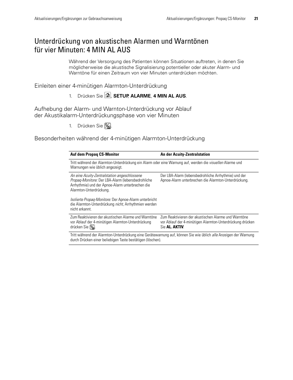 Einleiten einer 4-minütigen alarmton-unterdrückung, 4 min al aus | Welch Allyn Propaq CS Monitor - User Manual User Manual | Page 29 / 152