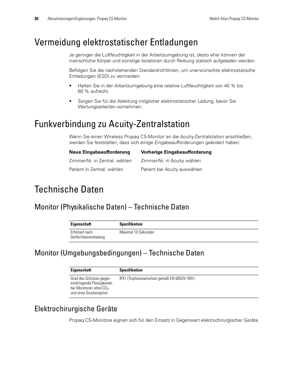 Vermeidung elektrostatischer entladungen, Funkverbindung zu acuity-zentralstation, Technische daten | Monitor (physikalische daten) - technische daten, Monitor (umgebungsbedingungen) - technische daten, Elektrochirurgische geräte | Welch Allyn Propaq CS Monitor - User Manual User Manual | Page 34 / 152