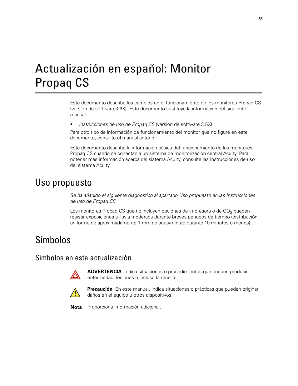 Actualización en español: monitor propaq cs, Uso propuesto, Símbolos | Símbolos en esta actualización, Uso propuesto símbolos | Welch Allyn Propaq CS Monitor - User Manual User Manual | Page 41 / 152