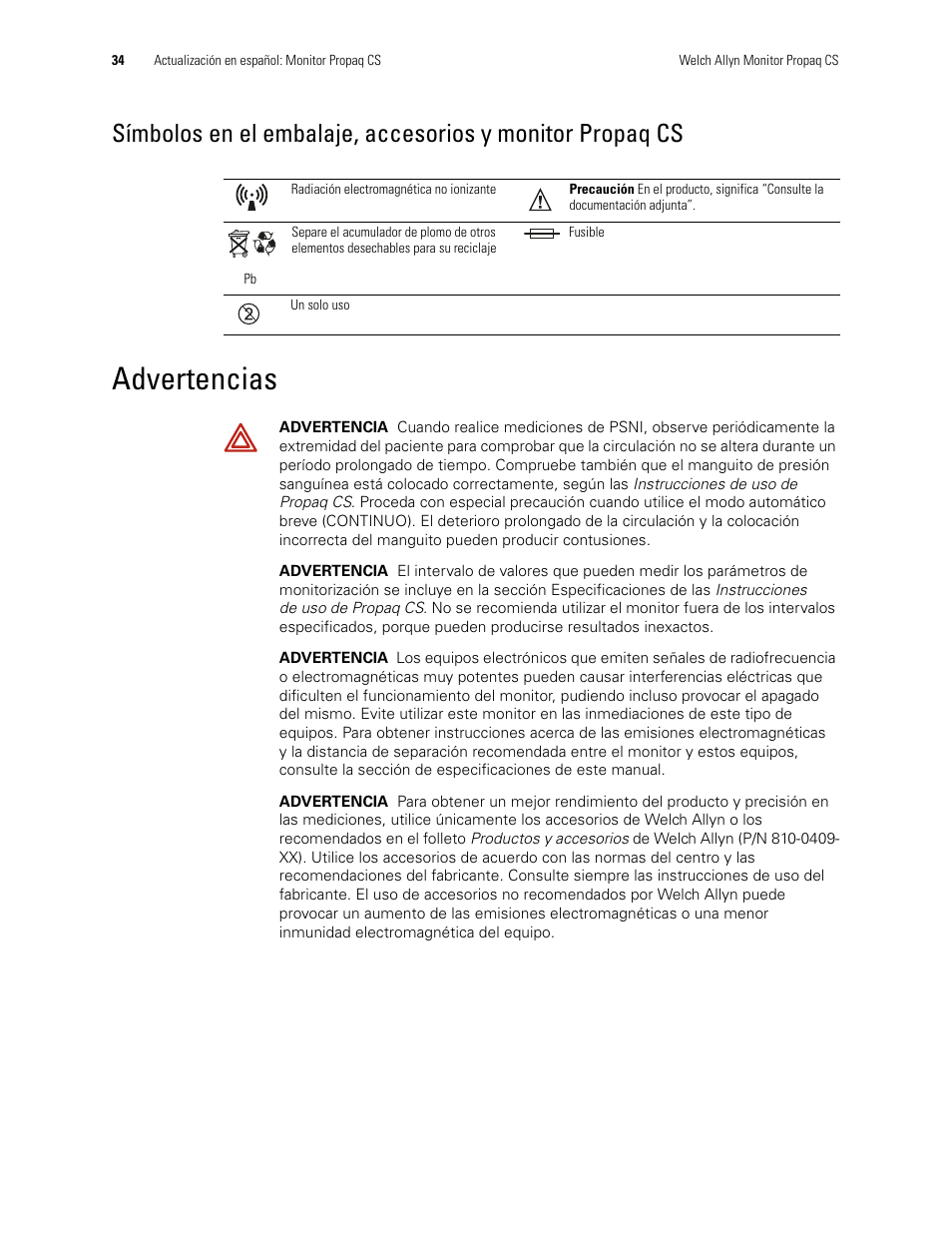 Advertencias | Welch Allyn Propaq CS Monitor - User Manual User Manual | Page 42 / 152