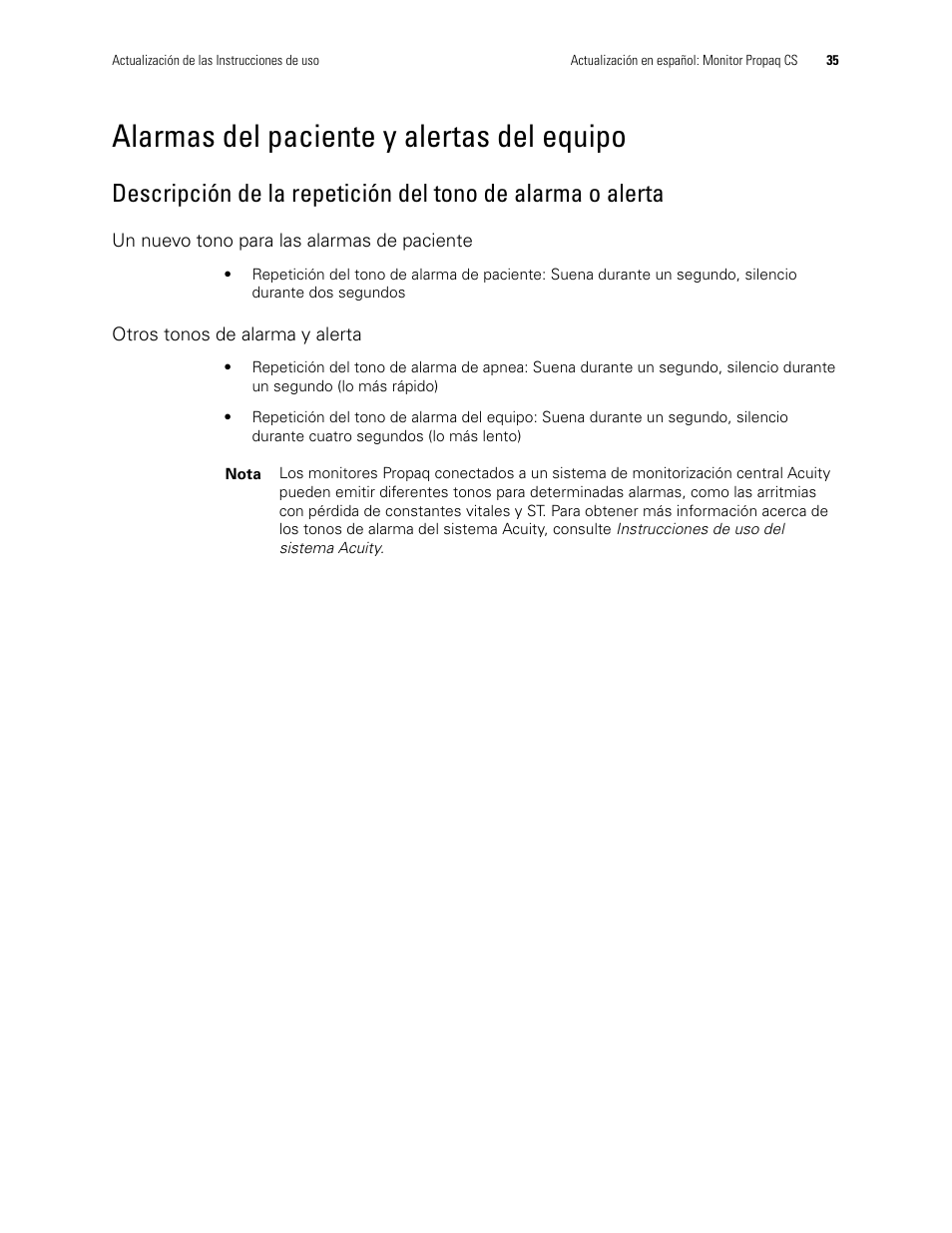 Alarmas del paciente y alertas del equipo, Un nuevo tono para las alarmas de paciente, Otros tonos de alarma y alerta | Welch Allyn Propaq CS Monitor - User Manual User Manual | Page 43 / 152