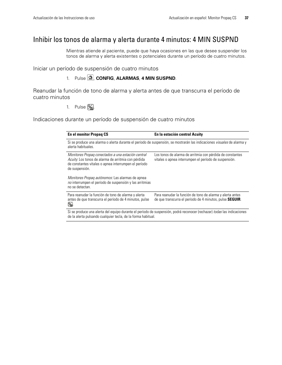 Iniciar un período de suspensión de cuatro minutos | Welch Allyn Propaq CS Monitor - User Manual User Manual | Page 45 / 152