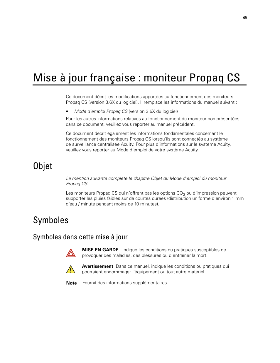 Mise à jour française : moniteur propaq cs, Objet, Symboles | Symboles dans cette mise à jour, Objet symboles | Welch Allyn Propaq CS Monitor - User Manual User Manual | Page 57 / 152