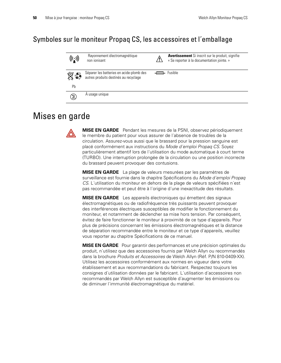 Mises en garde | Welch Allyn Propaq CS Monitor - User Manual User Manual | Page 58 / 152
