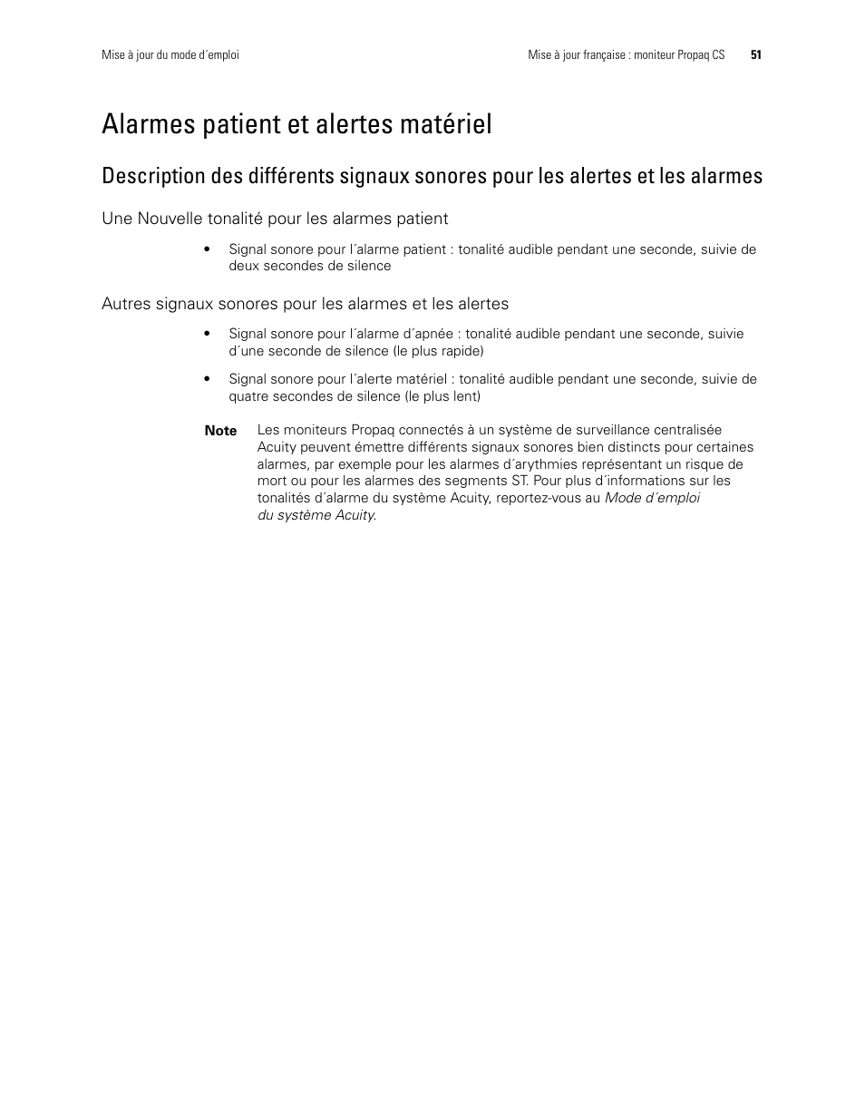 Alarmes patient et alertes matériel, Une nouvelle tonalité pour les alarmes patient | Welch Allyn Propaq CS Monitor - User Manual User Manual | Page 59 / 152