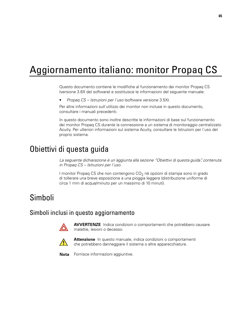 Aggiornamento italiano: monitor propaq cs, Obiettivi di questa guida, Simboli | Simboli inclusi in questo aggiornamento, Obiettivi di questa guida simboli | Welch Allyn Propaq CS Monitor - User Manual User Manual | Page 73 / 152