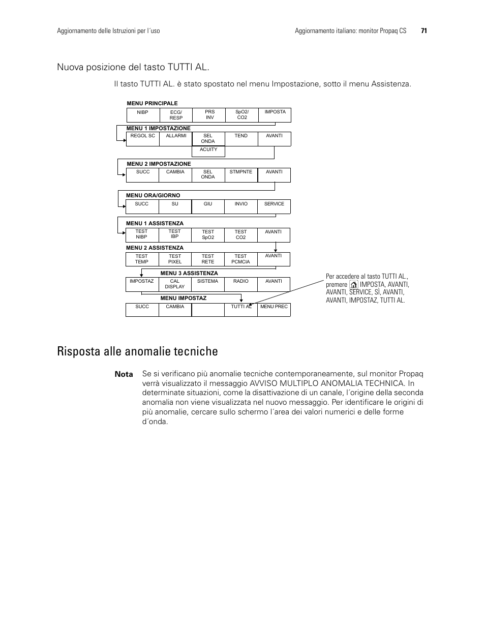 Nuova posizione del tasto tutti al, Risposta alle anomalie tecniche | Welch Allyn Propaq CS Monitor - User Manual User Manual | Page 79 / 152