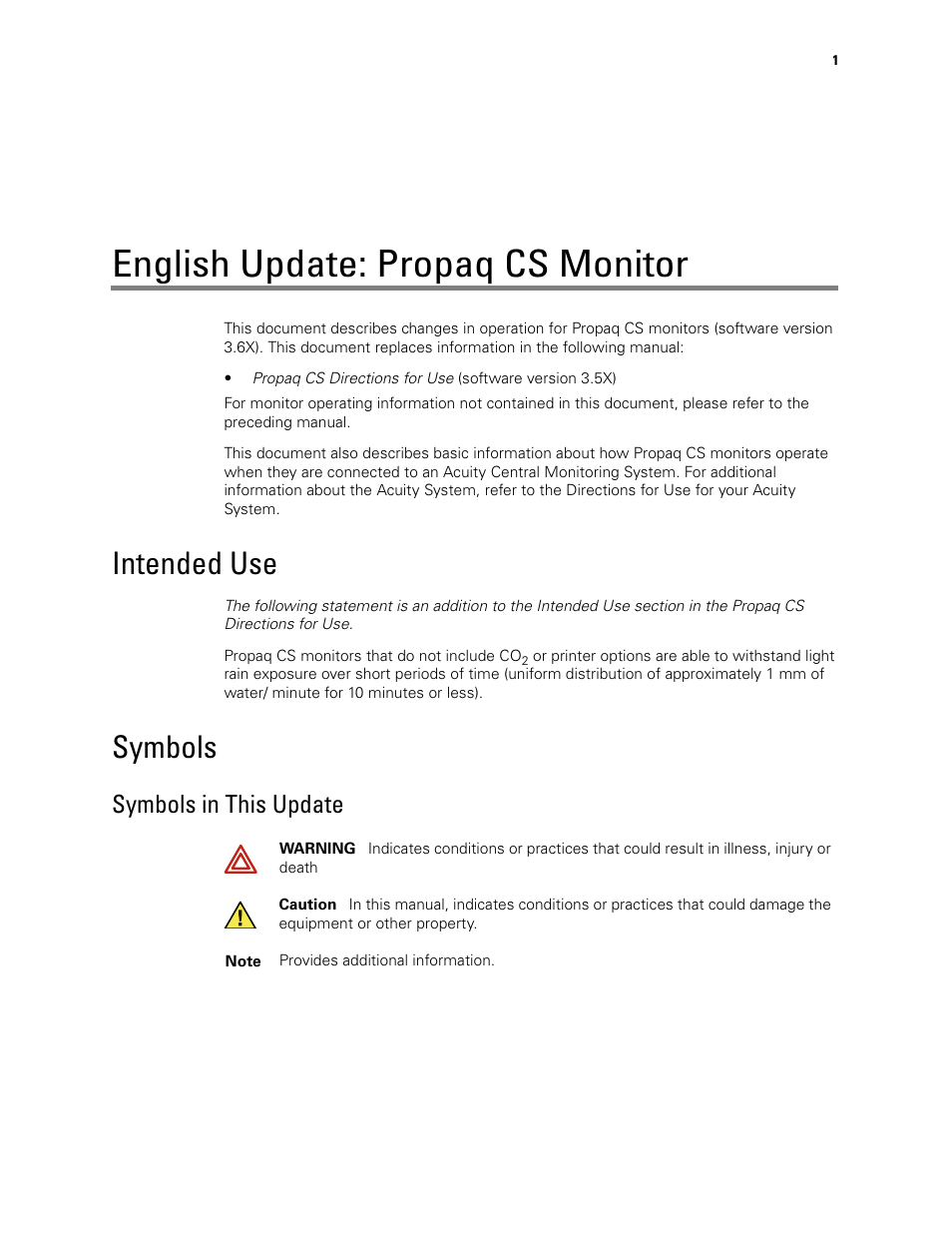 English update: propaq cs monitor, Intended use, Symbols | Symbols in this update, Intended use symbols | Welch Allyn Propaq CS Monitor - User Manual User Manual | Page 9 / 152