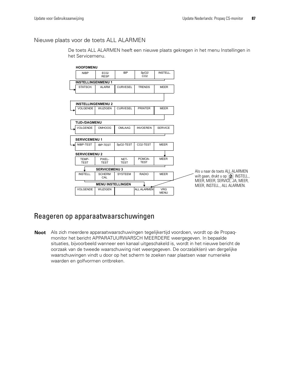 Nieuwe plaats voor de toets all alarmen, Reageren op apparaatwaarschuwingen | Welch Allyn Propaq CS Monitor - User Manual User Manual | Page 95 / 152