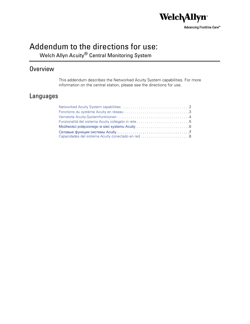 Welch Allyn Central Monitoring Systems - Addendum User Manual | 8 pages