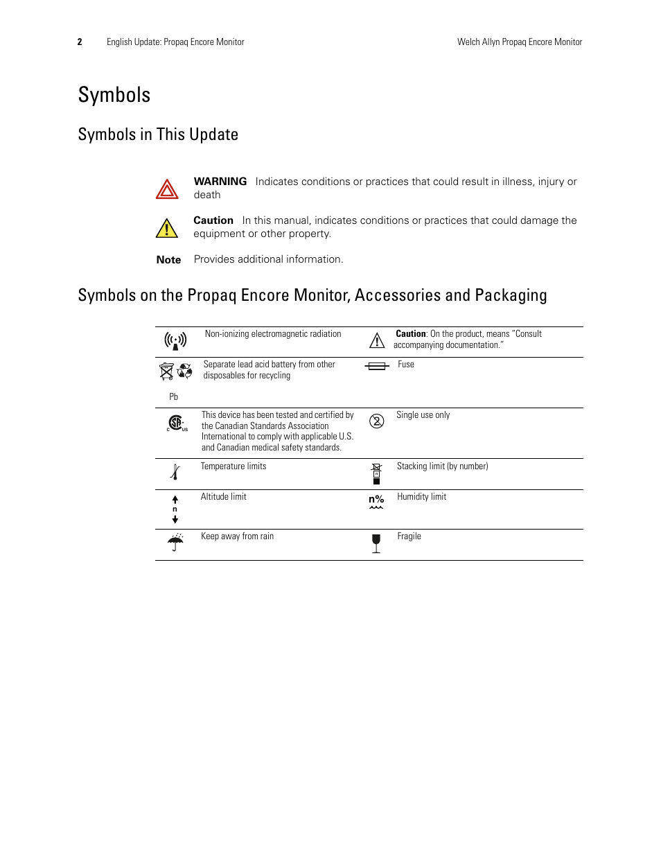 Symbols, Symbols in this update | Welch Allyn Propaq Encore Monitor - User Manual User Manual | Page 10 / 136