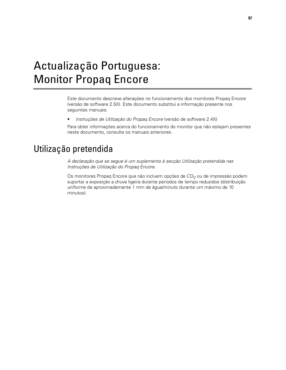 Actualização portuguesa: monitor propaq encore, Utilização pretendida | Welch Allyn Propaq Encore Monitor - User Manual User Manual | Page 105 / 136