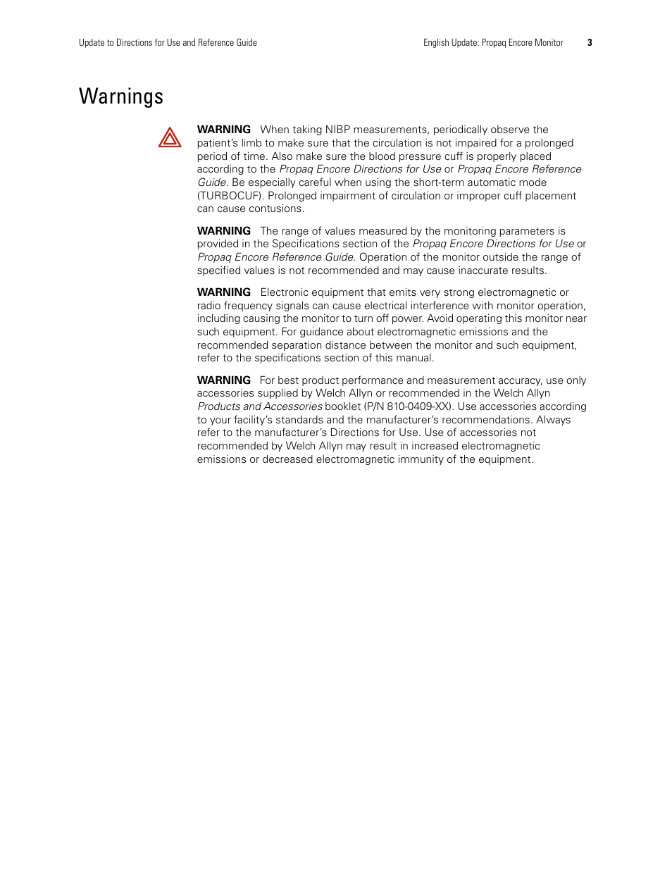 Warnings | Welch Allyn Propaq Encore Monitor - User Manual User Manual | Page 11 / 136