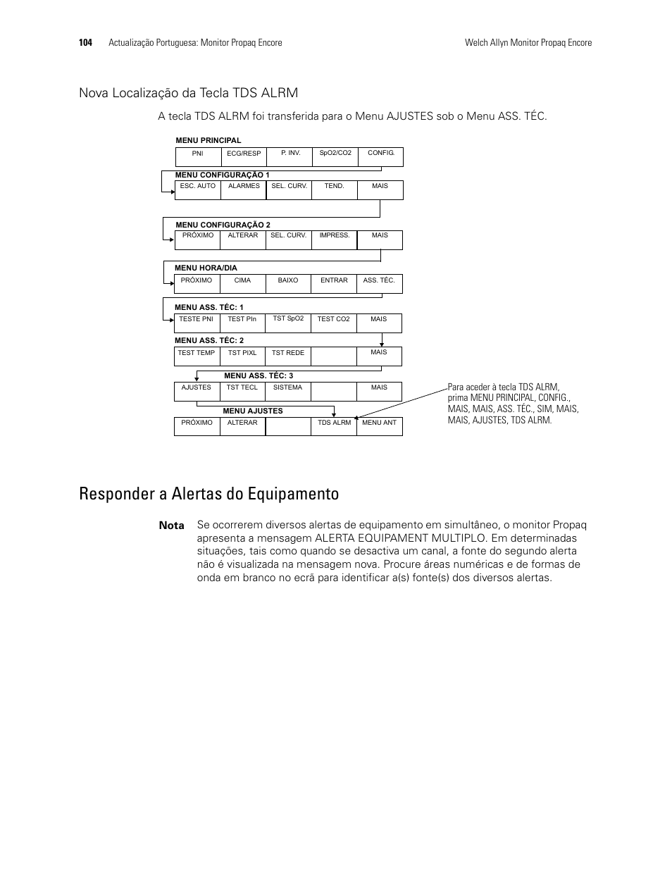 Nova localização da tecla tds alrm, Responder a alertas do equipamento | Welch Allyn Propaq Encore Monitor - User Manual User Manual | Page 112 / 136