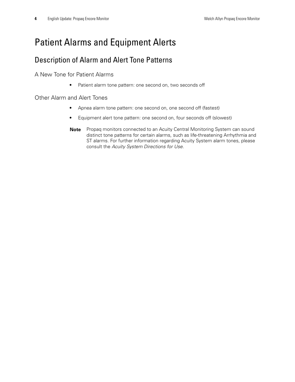 Patient alarms and equipment alerts, Description of alarm and alert tone patterns, A new tone for patient alarms | Other alarm and alert tones | Welch Allyn Propaq Encore Monitor - User Manual User Manual | Page 12 / 136