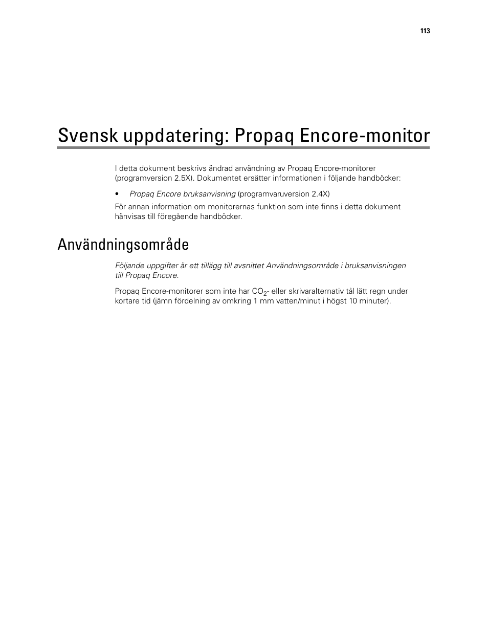 Svensk uppdatering: propaq encore-monitor, Användningsområde | Welch Allyn Propaq Encore Monitor - User Manual User Manual | Page 121 / 136